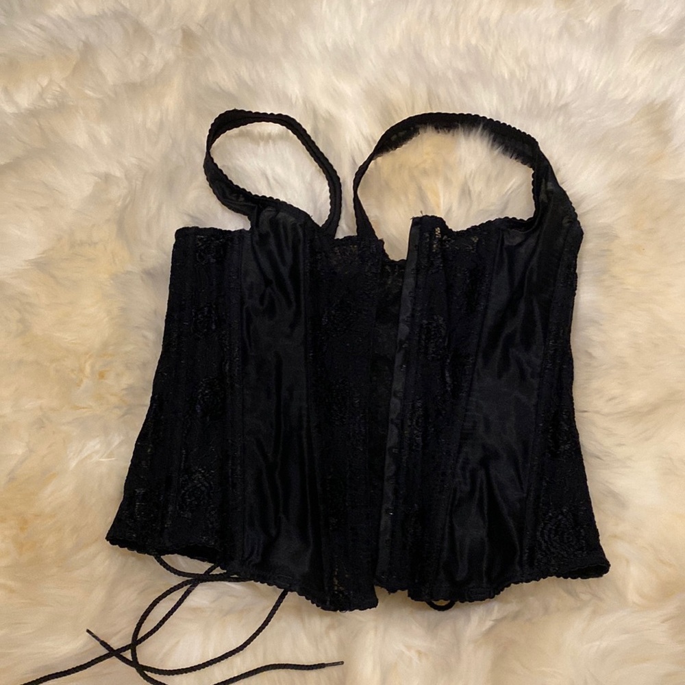 VGUC Frederick’s of Hollywood Black Lace Corset Bustier Size 36 Tie- Up Sheer